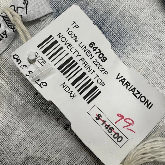 100% Lino Women’s Cropped Floral Print Linen Blouse One Size White/Blue - Picture 6 of 7